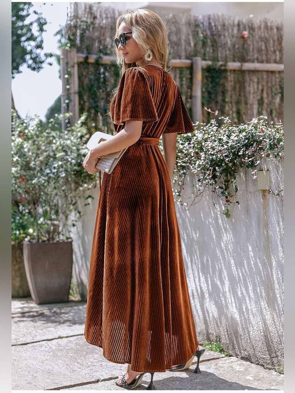 Women's Burnt Orange Velvet V Neck Wrap Dress - Picture 3 of 15